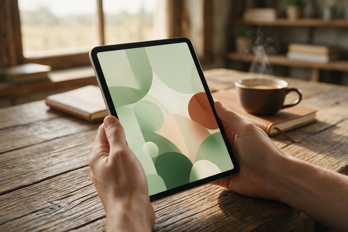 Mãos segurando um tablet sobre mesa de madeira em escritório rural
