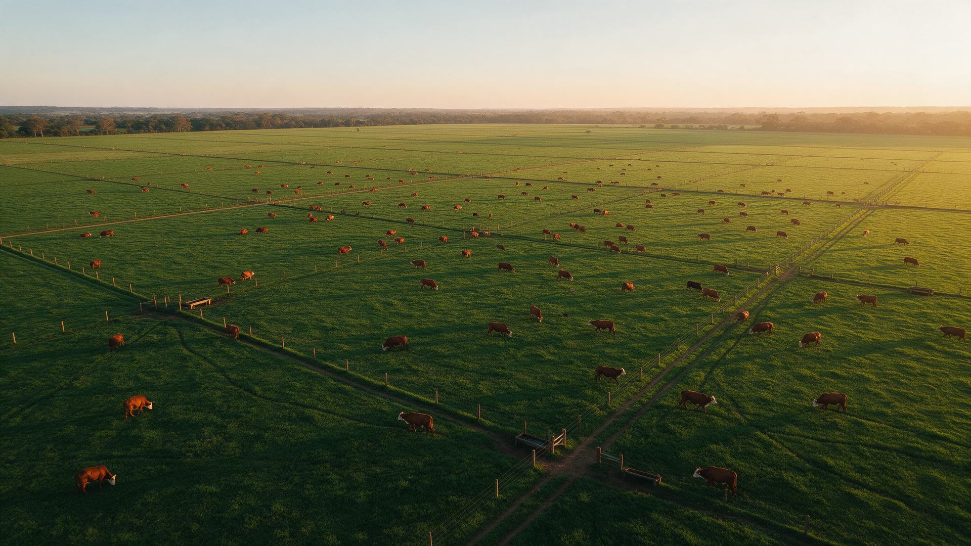 Vista aérea de pastagem dividida por cercas ao entardecer