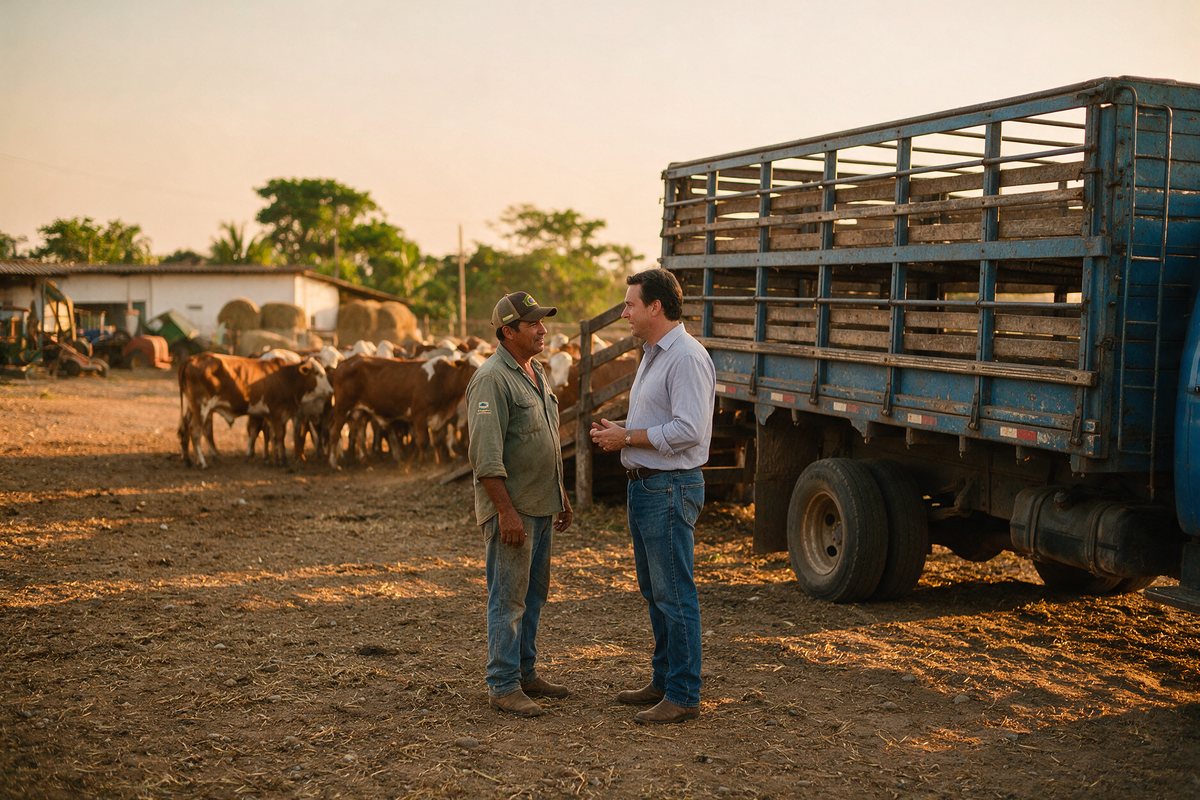 Produtor e comprador conversando ao lado do caminhão de gado